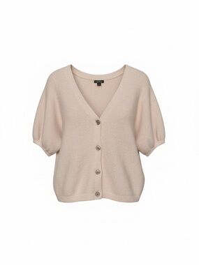 Short Sleeve V-Neck Button Cardigan in Light Biege